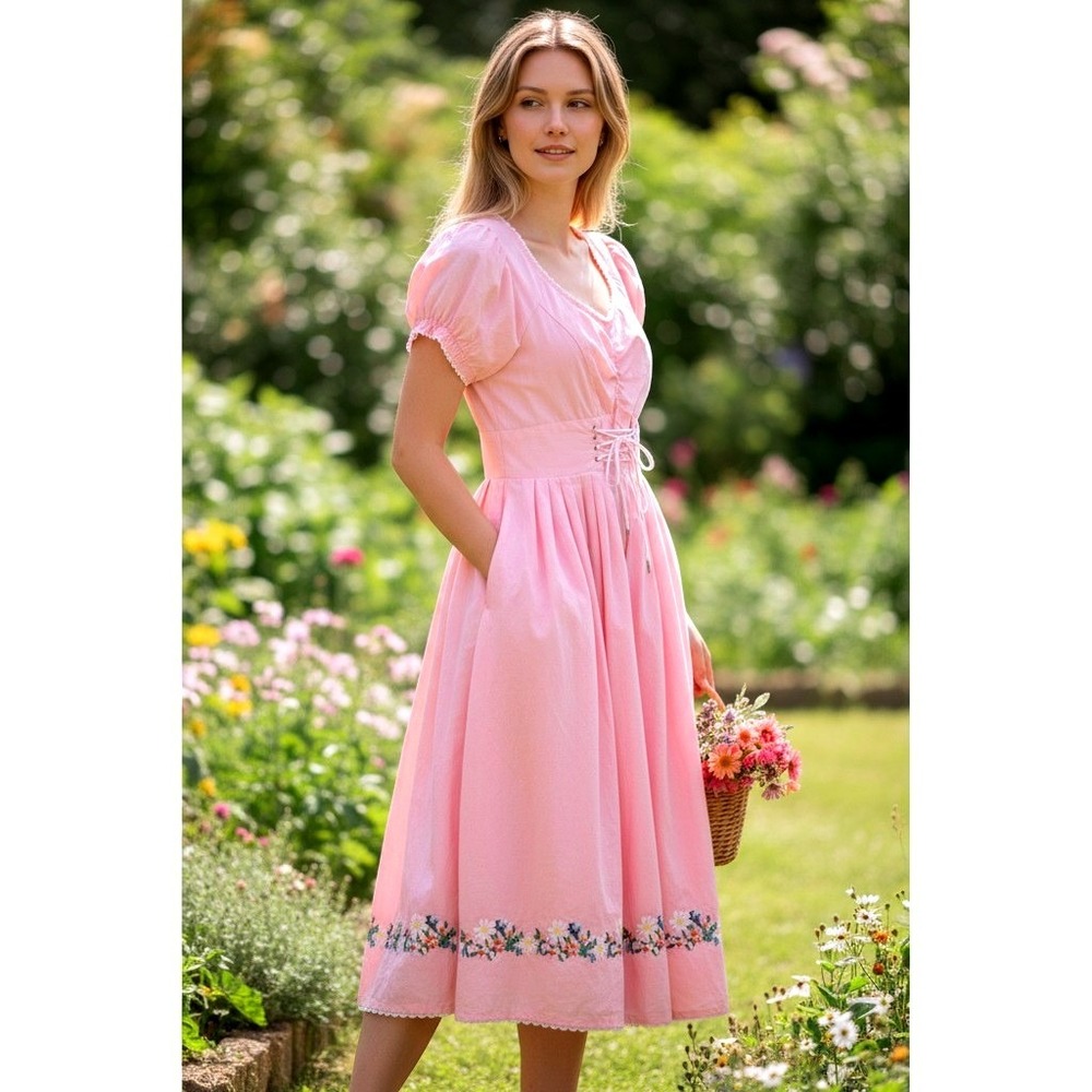 Vintage Aryeh Pink Floral Embroidered Lace Up Corset Milkmaid Midi Dress Pockets
